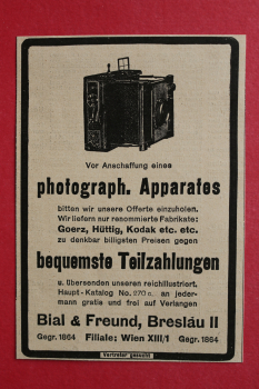 Blatt Historische Werbung Bial und Freund Breslau II 1905 Wien Fotoapparat Fotografie